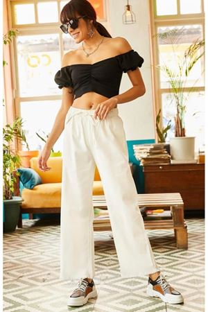 Beli Lastikli Paçası Püsküllü Gabardin Pantolon - Bej