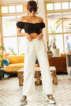 Beli Lastikli Paçası Püsküllü Gabardin Pantolon - Bej