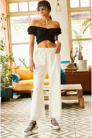 Beli Lastikli Paçası Püsküllü Gabardin Pantolon - Bej