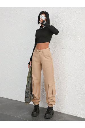 Yüksek Bel Jogger Kargo Pantolon -Kahverengi