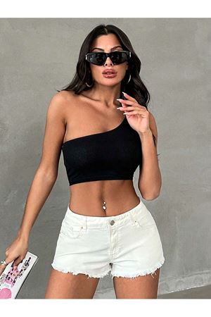 Püsküllü yüksel bel yaz modası kısa şort jean - Beyaz