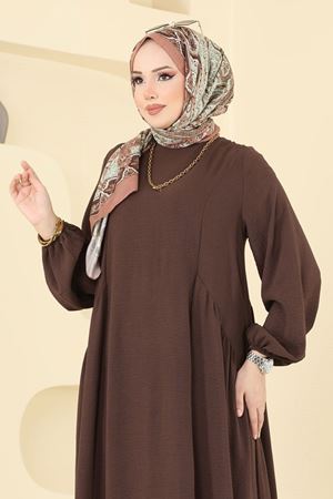 Kahverengi Sufle Ayrobin Tesettür Elbise