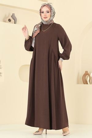 Kahverengi Sufle Ayrobin Tesettür Elbise