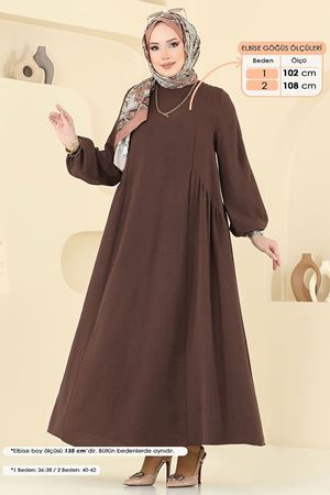 Kahverengi Sufle Ayrobin Tesettür Elbise