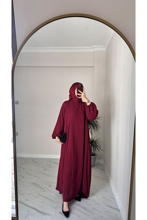 Bordo Sufle Ayrobin Tesettür Elbise