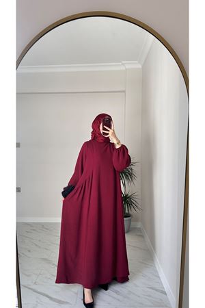 Bordo Sufle Ayrobin Tesettür Elbise