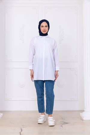 Oversize Uzun Basic Gömlek - Beyaz