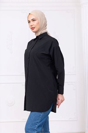 Oversize Uzun Basic Gömlek - Siyah