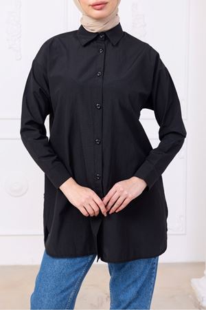 Oversize Uzun Basic Gömlek - Siyah