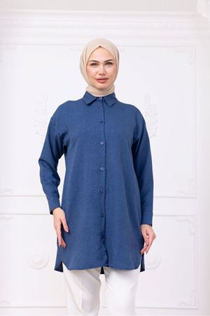 Oversize Uzun Basic Gömlek - Mavi