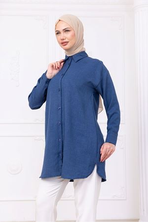 Oversize Uzun Basic Gömlek - Mavi