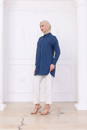 Oversize Uzun Basic Gömlek - Mavi