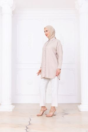 Oversize Uzun Basic Gömlek -Bej