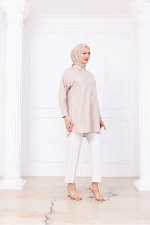 Oversize Uzun Basic Gömlek -Bej