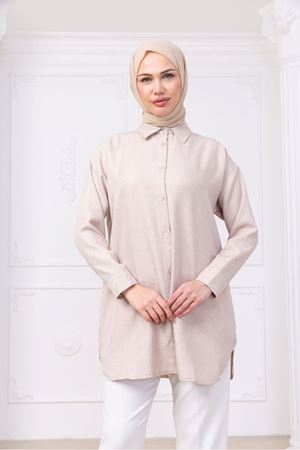 Oversize Uzun Basic Gömlek -Bej