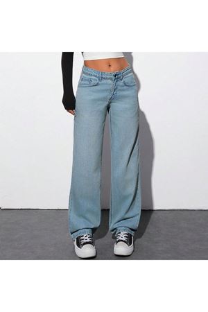 Kadın Wide Leg Jeans  High Waist Relax Fit Denim Palazzo -Açık Mavi