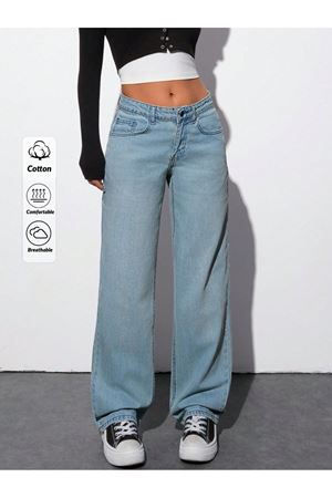 Kadın Wide Leg Jeans  High Waist Relax Fit Denim Palazzo -Açık Mavi