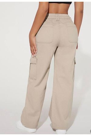 Kadın Petite Bol Cepli Geniş Paça Günlük Kargo Gabardi Pantolon - Bej