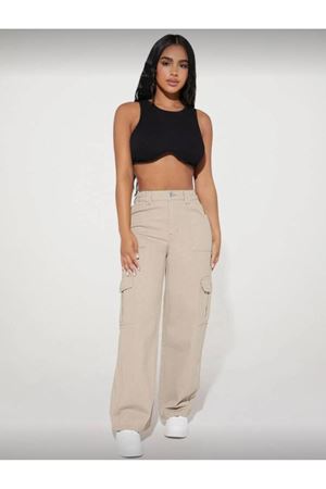 Kadın Petite Bol Cepli Geniş Paça Günlük Kargo Gabardi Pantolon - Bej