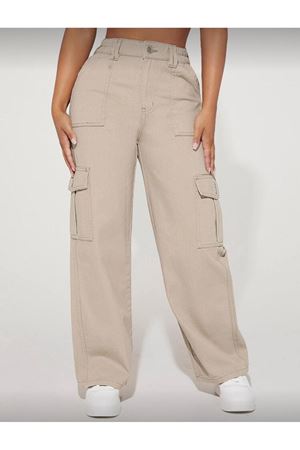 Kadın Petite Bol Cepli Geniş Paça Günlük Kargo Gabardi Pantolon - Bej