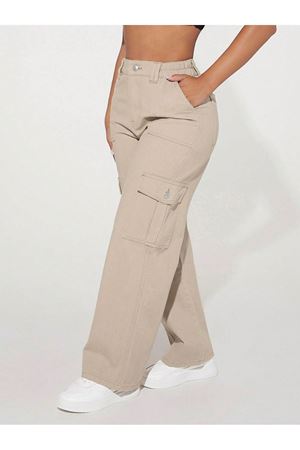 Kadın Petite Bol Cepli Geniş Paça Günlük Kargo Gabardi Pantolon - Bej