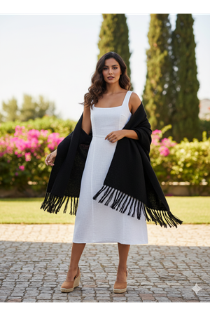 Katalya Noir Fringe Shawl Siyah Püsküllü Şal