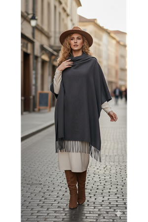 Katalya Noir Fringe Shawl Gri Püsküllü Şal 