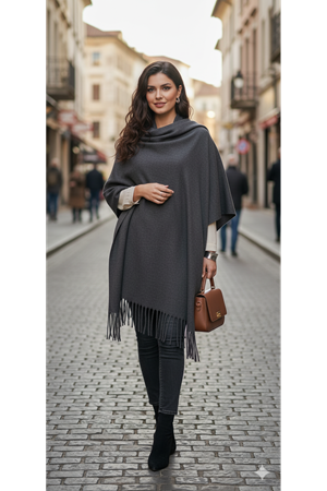 Katalya Noir Fringe Shawl Gri Püsküllü Şal 