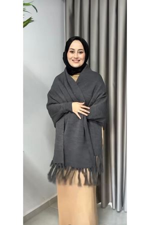 Katalya Noir Fringe Shawl Gri Püsküllü Şal 