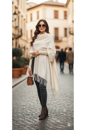 Katalya Noir Fringe Shawl  Püsküllü Şal  - Bej