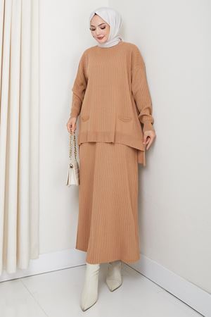 Tesettür Ribana Dokulu Cepli Triko Takım – Vizon