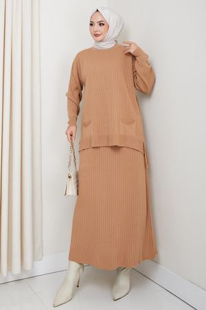 Tesettür Ribana Dokulu Cepli Triko Takım – Vizon