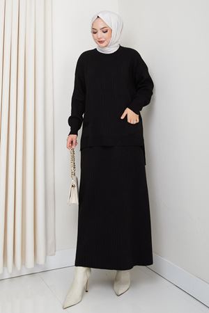 Tesettür Ribana Dokulu Cepli Triko Takım – Siyah