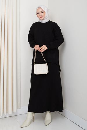 Tesettür Ribana Dokulu Cepli Triko Takım – Siyah