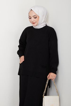 Tesettür Ribana Dokulu Cepli Triko Takım – Siyah