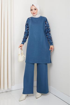 Leopar Desenli Kol Detaylı Triko Takım – Mavi