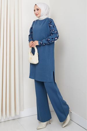 Leopar Desenli Kol Detaylı Triko Takım – Mavi