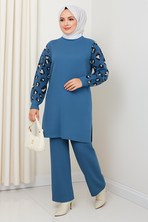Leopar Desenli Kol Detaylı Triko Takım – Mavi