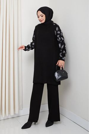 Leopar Desenli Kol Detaylı Triko Takım – Siyah