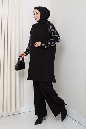 Leopar Desenli Kol Detaylı Triko Takım – Siyah