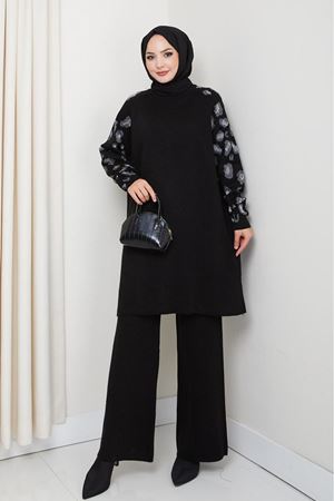 Leopar Desenli Kol Detaylı Triko Takım – Siyah