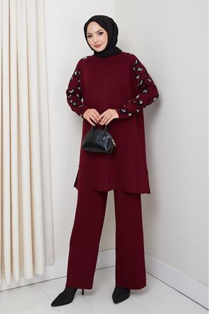 Leopar Desenli Kol Detaylı Triko Takım – Bordo