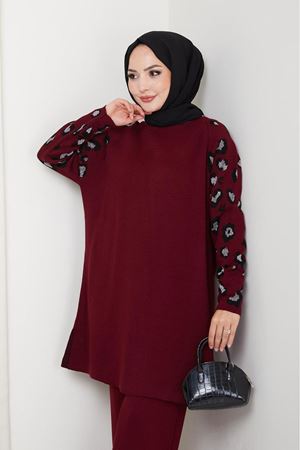 Leopar Desenli Kol Detaylı Triko Takım – Bordo