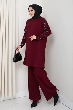 Leopar Desenli Kol Detaylı Triko Takım – Bordo