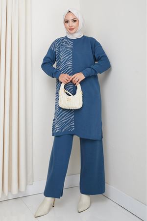 Zebra Desen Detaylı Triko Takım – Mavi