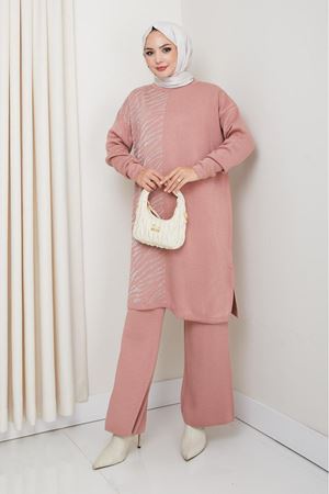 Zebra Desen Detaylı Triko Takım – Pudra