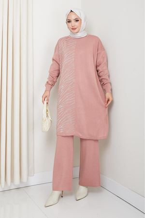 Zebra Desen Detaylı Triko Takım – Pudra