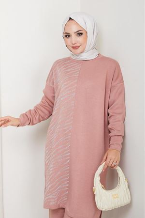 Zebra Desen Detaylı Triko Takım – Pudra