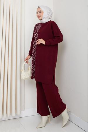 Zebra Desen Detaylı Triko Takım – Bordo