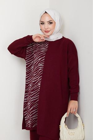 Zebra Desen Detaylı Triko Takım – Bordo